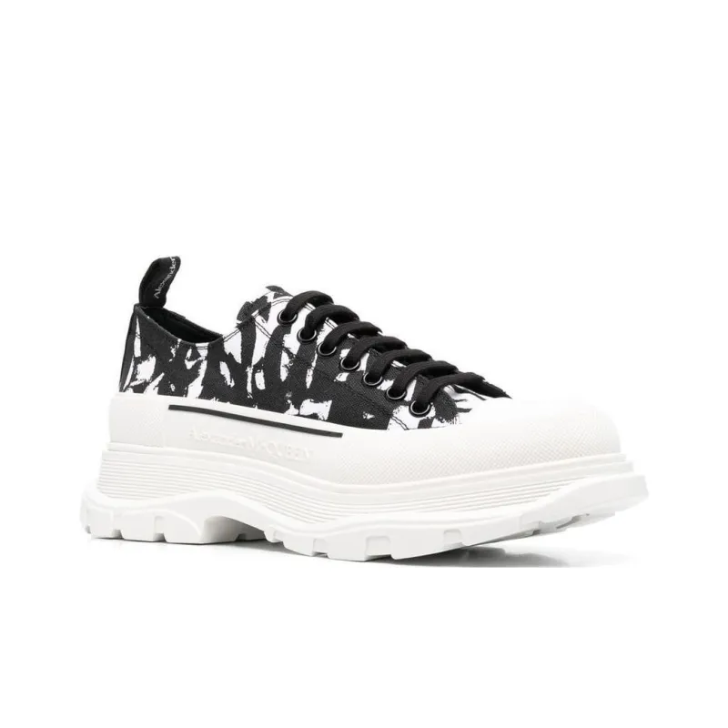 Alexander McQueen Graffiti Tread Slick Low Lace Up Black White-2