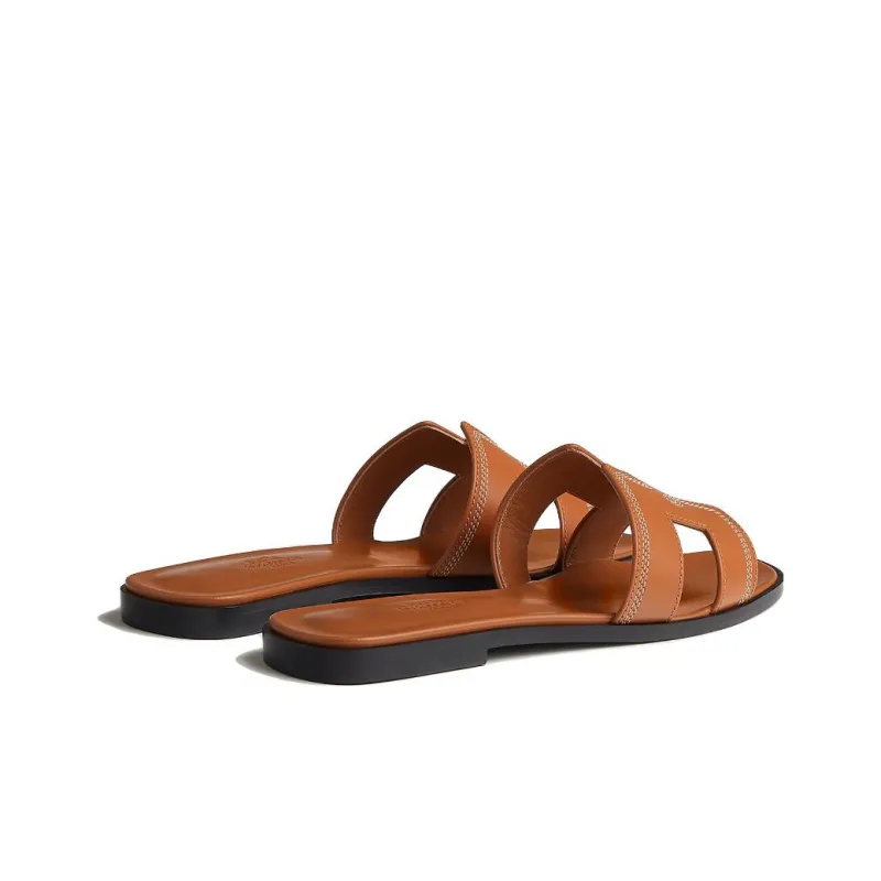 HERMES Oran Genuine Leather Sole Slide Slippers Women's Brown-3