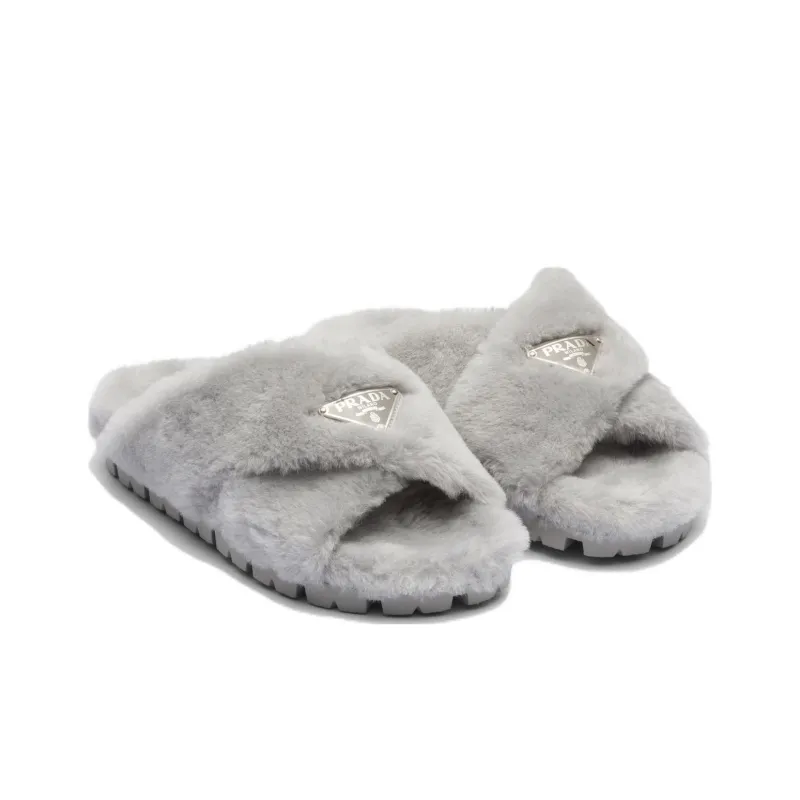 PRADA Triangle-logo Shearling Slippers-2