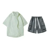 Set (top tea green stripe + pants rock gray)