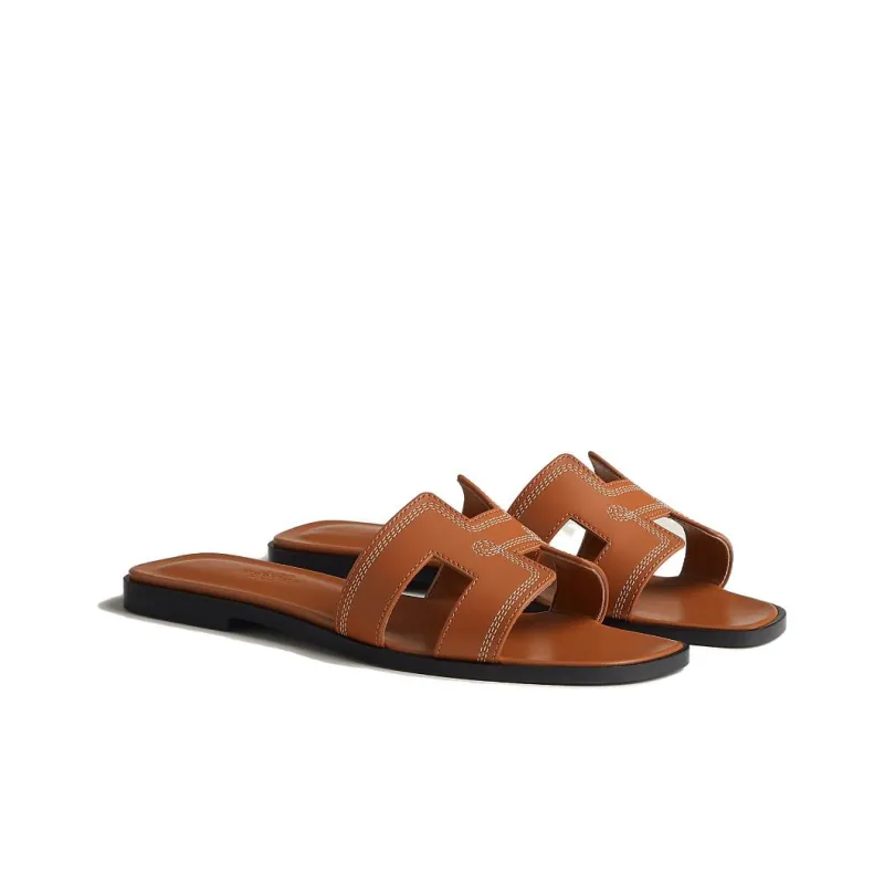 HERMES Oran Genuine Leather Sole Slide Slippers Women's Brown-2