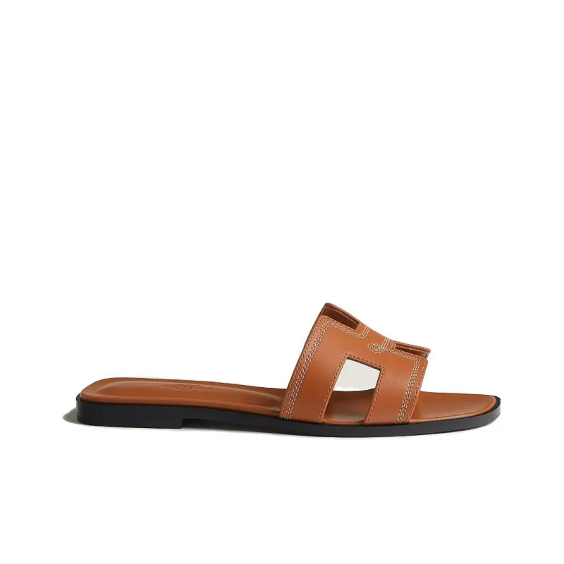 HERMES Oran Genuine Leather Sole Slide Slippers Women's Brown-1