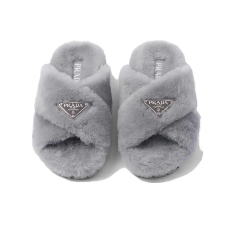 PRADA Triangle-logo Shearling Slippers-4