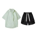 Set (top tea green stripe + pants black)