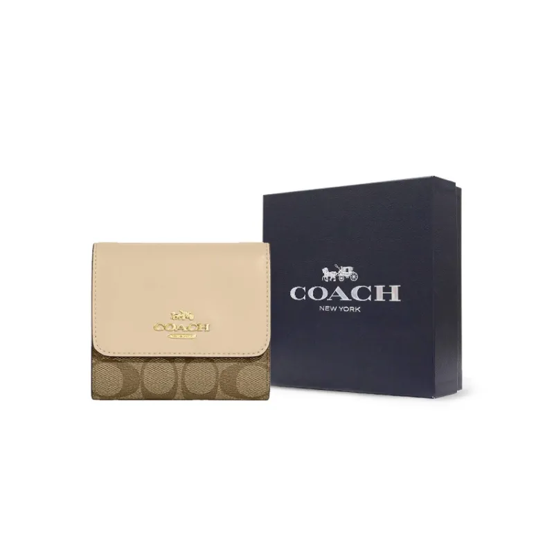 COACH Trifold Wallet Canvas With Leather Card Holder, Wallet Trumpets Women's Khaki & Chalk White-6