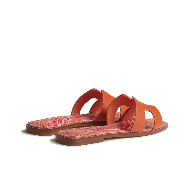 HERMES Oran Genuine Leather Sole Slip-Resistant Slide Slippers Women's Orange-3