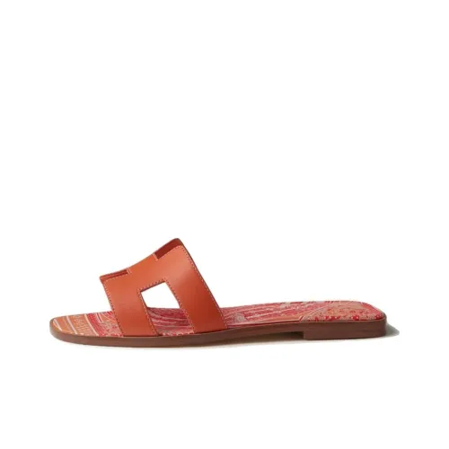 HERMES Oran Genuine Leather Sole Slip-Resistant Slide Slippers Women's Orange