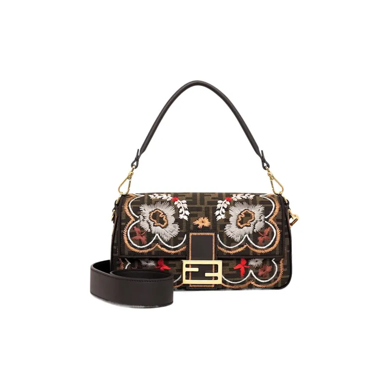 FENDI Baguette Embroidery Crossbody One Shoulder Handbags Medium Size Women's Brown-1