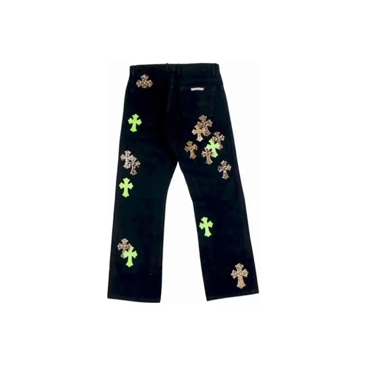 Chrome Hearts Green & Leopard Cross Patch Jeans-1