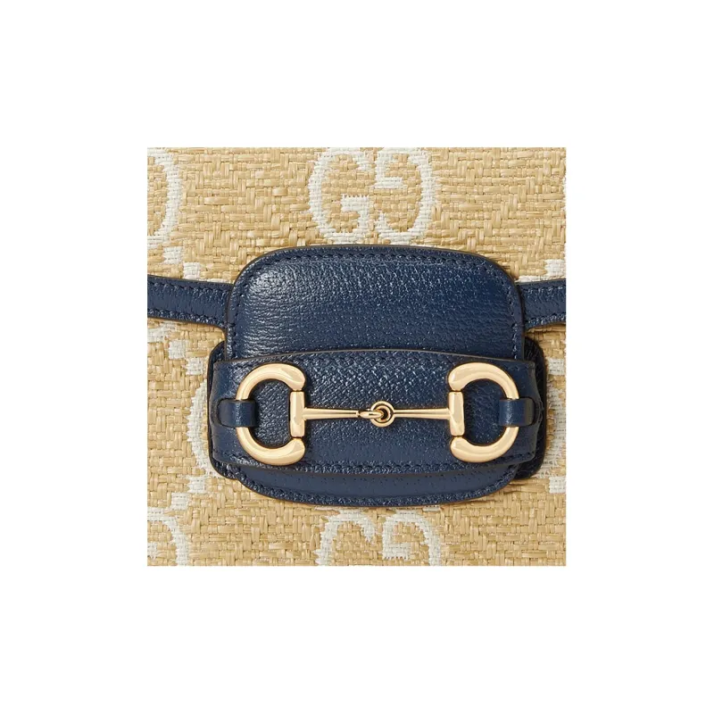 GUCCI Horsebit 1955 Raffia With Leather Saddle Bag Shoulder Bag Crossbody Bag Small Size Women's Beige/Blue-5