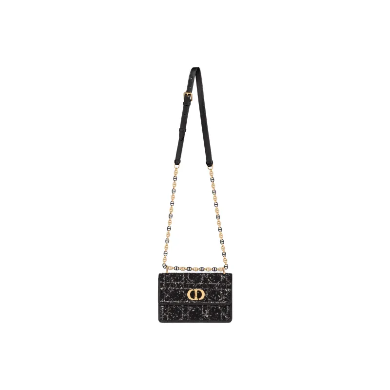 DIOR Caro Wicker Pattern Embroidered Tweed Crossbody Bag Shoulder Bag Women's Black-4