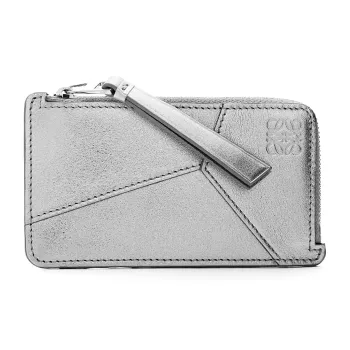 LOEWE Puzzle Cow Leather Card Holder Women's Silver