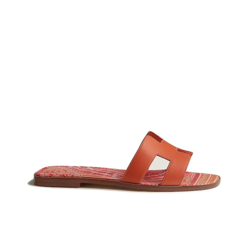 HERMES Oran Genuine Leather Sole Slip-Resistant Slide Slippers Women's Orange-1
