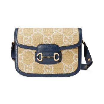 GUCCI Horsebit 1955 Raffia With Leather Saddle Bag Shoulder Bag Crossbody Bag Small Size Women's Beige/Blue