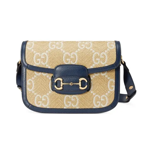 GUCCI Horsebit 1955 Raffia With Leather Saddle Bag Shoulder Bag Crossbody Bag Small Size Women's Beige/Blue