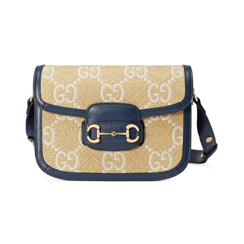 GUCCI Horsebit 1955 Raffia With Leather Saddle Bag Shoulder Bag Crossbody Bag Small Size Women's Beige/Blue-0