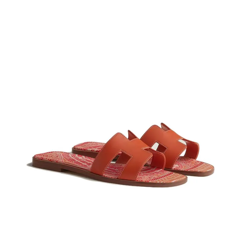 HERMES Oran Genuine Leather Sole Slip-Resistant Slide Slippers Women's Orange-2