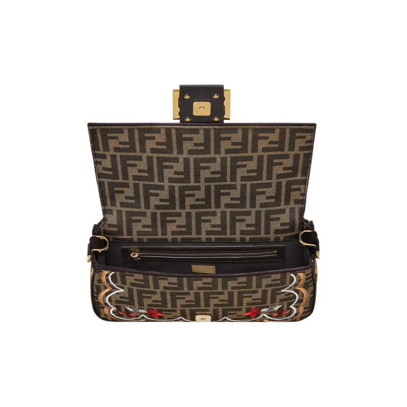 FENDI Baguette Embroidery Crossbody One Shoulder Handbags Medium Size Women's Brown-4