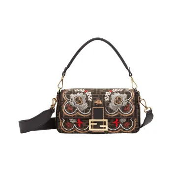 FENDI Baguette Embroidery Crossbody One Shoulder Handbags Medium Size Women's Brown
