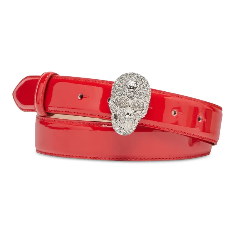 PHILIPP PLEIN Skull Decoration Smooth Buckle Leather Belts Women's Red Width: 3cm-0