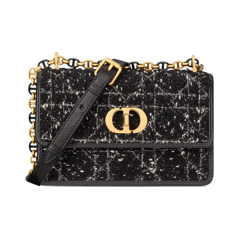 DIOR Caro Wicker Pattern Embroidered Tweed Crossbody Bag Shoulder Bag Women's Black-0