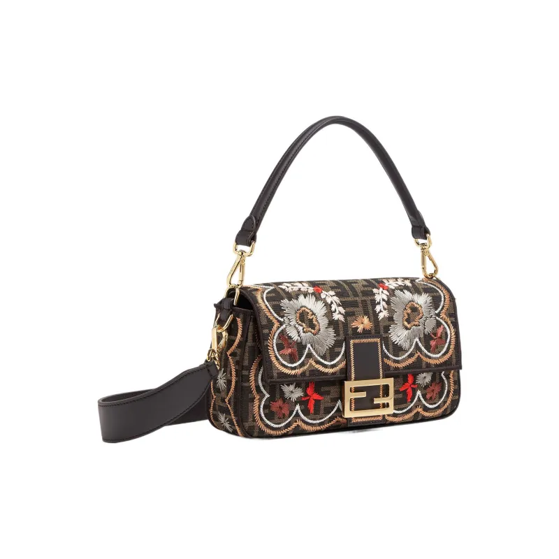 FENDI Baguette Embroidery Crossbody One Shoulder Handbags Medium Size Women's Brown-2