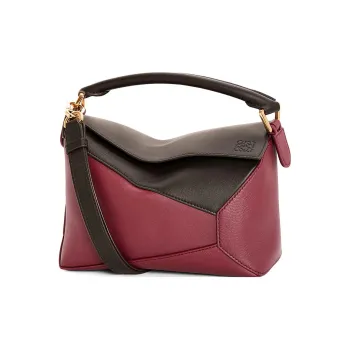 LOEWE Puzzle Cow Leather Shoulder Bag Crossbody Bag Handbag Small Size Women's Cherry Red/Brown