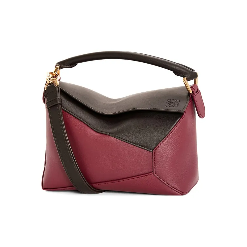 LOEWE Puzzle Cow Leather Shoulder Bag Crossbody Bag Handbag Small Size Women's Cherry Red/Brown-0