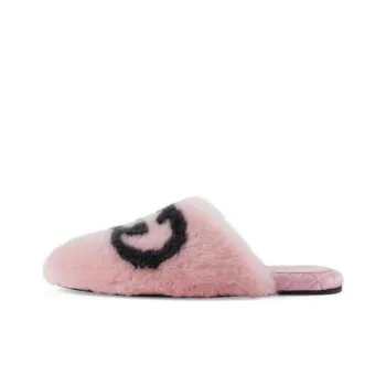 GUCCI Interlocking G Faux Fur Slippers Pink Black Women's