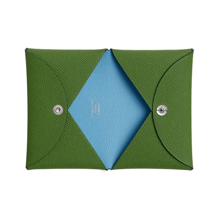 HERMES Calvi Epsom Calfskin Card Holder Women's Orchid Green/Sky Blue-1