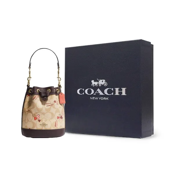COACH Classic Jacquard Leather Bucket Bag, Handbag, Shoulder Bag Women's Beige & Dark Brown-8