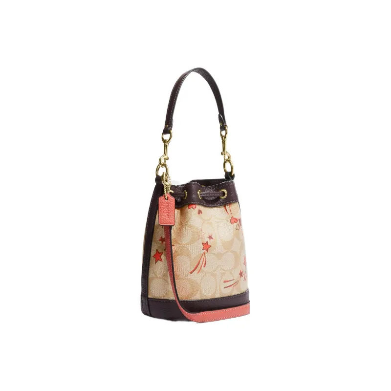 COACH Classic Jacquard Leather Bucket Bag, Handbag, Shoulder Bag Women's Beige & Dark Brown-3