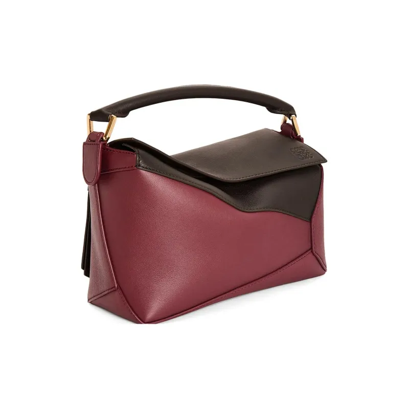 LOEWE Puzzle Cow Leather Shoulder Bag Crossbody Bag Handbag Small Size Women's Cherry Red/Brown-2