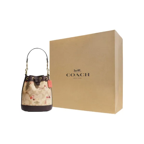 COACH Classic Jacquard Leather Bucket Bag, Handbag, Shoulder Bag Women's Beige & Dark Brown-7