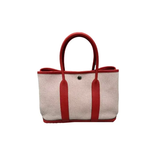 HERMES Garden Party Cowhide Patchwork Canvas Garden Bag Canvas Bag Shoulder Bag Handbag Regular Women's Red