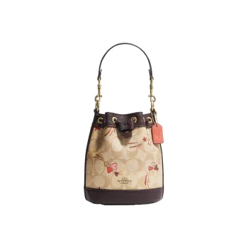 COACH Classic Jacquard Leather Bucket Bag, Handbag, Shoulder Bag Women's Beige & Dark Brown