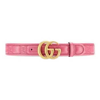 GUCCI GG Marmont Matelassé Double G Loose Fit Smooth Buckle Leather Belts Women's Pink Width: 4cm