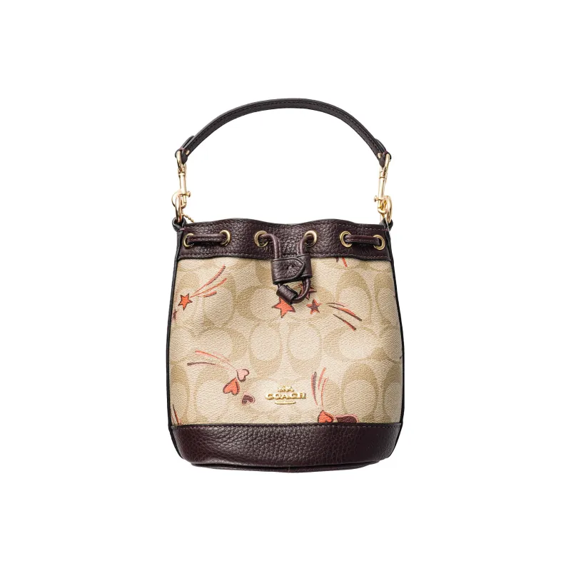COACH Classic Jacquard Leather Bucket Bag, Handbag, Shoulder Bag Women's Beige & Dark Brown-1
