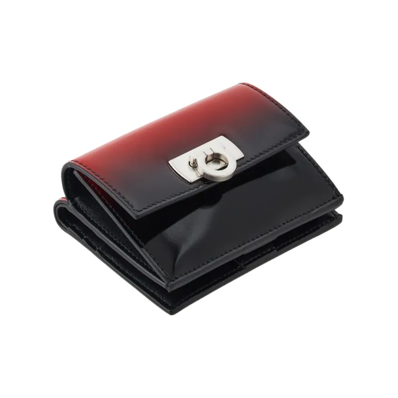FERRAGAMO Cow Leather Wallet Small Size Women's Flame Red/Black-2