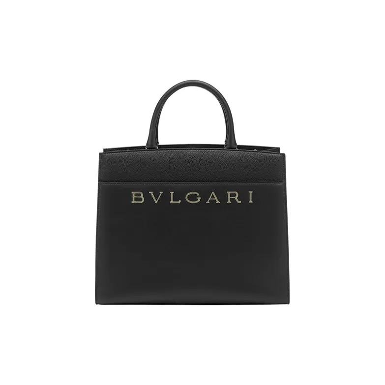 BVLGARI Calfskin Tote Bag, Shopping Bag, Handbag Medium Size Women's Black-0