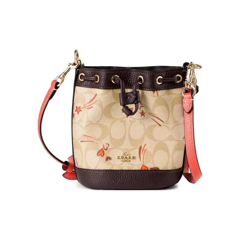 COACH Classic Jacquard Leather Bucket Bag, Handbag, Shoulder Bag Women's Beige & Dark Brown-2