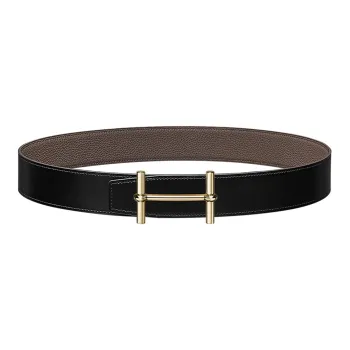 HERMES H D'Ancre Calfskin Leather Belts Men's Black/Tin Gray Width 3.8cm