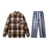 Set (Khaki Plaid Shirts+Dark Blue Jeans)