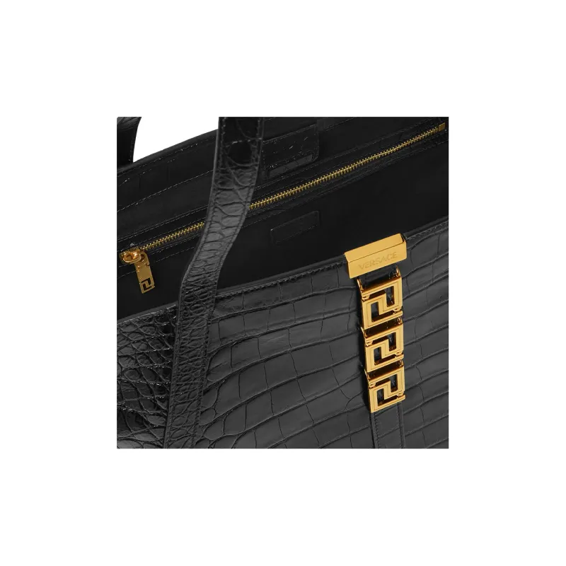 VERSACE Calfskin With Lambskin Trim Tote Bag Shopping Bag Shoulder Bag Handbag Large Size Women's Black-4