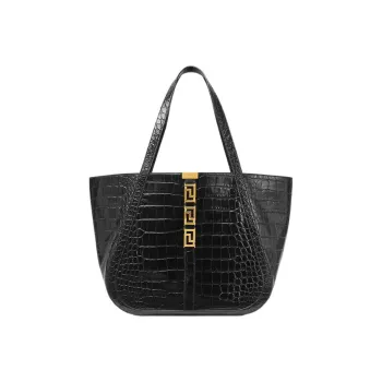 VERSACE Calfskin With Lambskin Trim Tote Bag Shopping Bag Shoulder Bag Handbag Large Size Women's Black