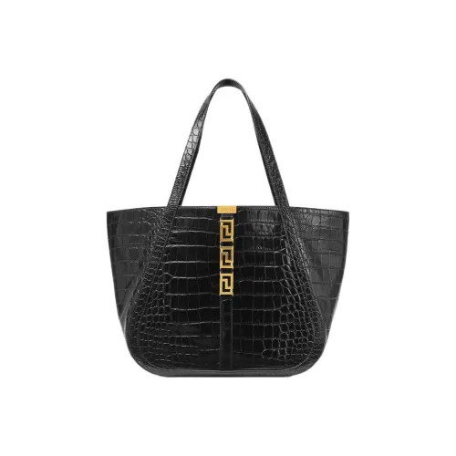 VERSACE Calfskin With Lambskin Trim Neoprene Bag Shopping Bag Shoulder Bag Handbag Large Size Women's Black