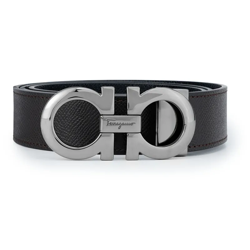 FERRAGAMO Cow Leather Belts Men's Black/Coffee Width 3.5cm-1