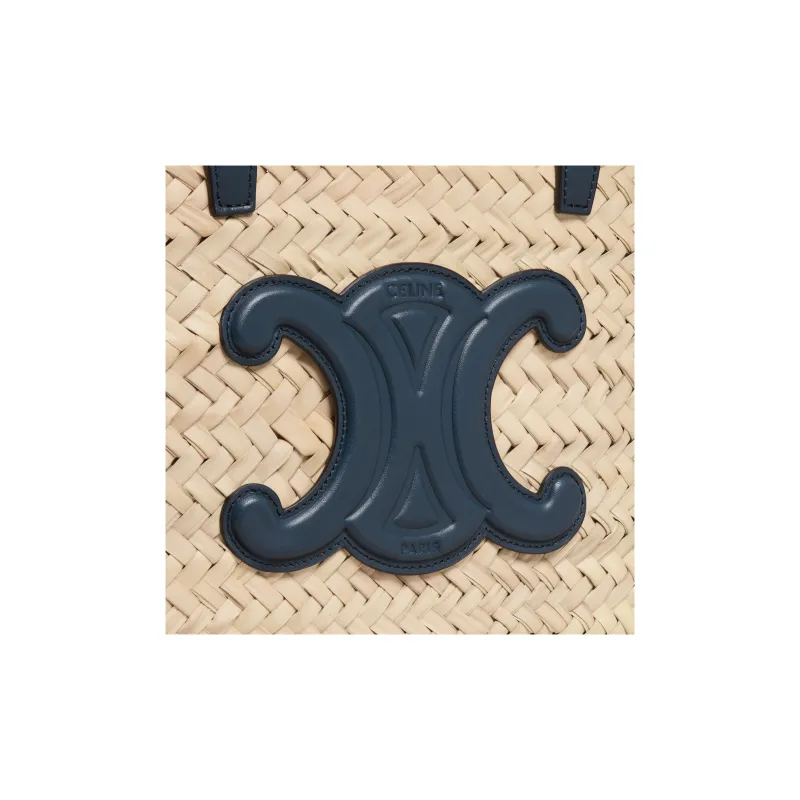CELINE Triomphe Palm Leaf Cow Leather Patchwork Trim Basket Bag One Shoulder Handbag Medium Size Women's Marine Blue-3