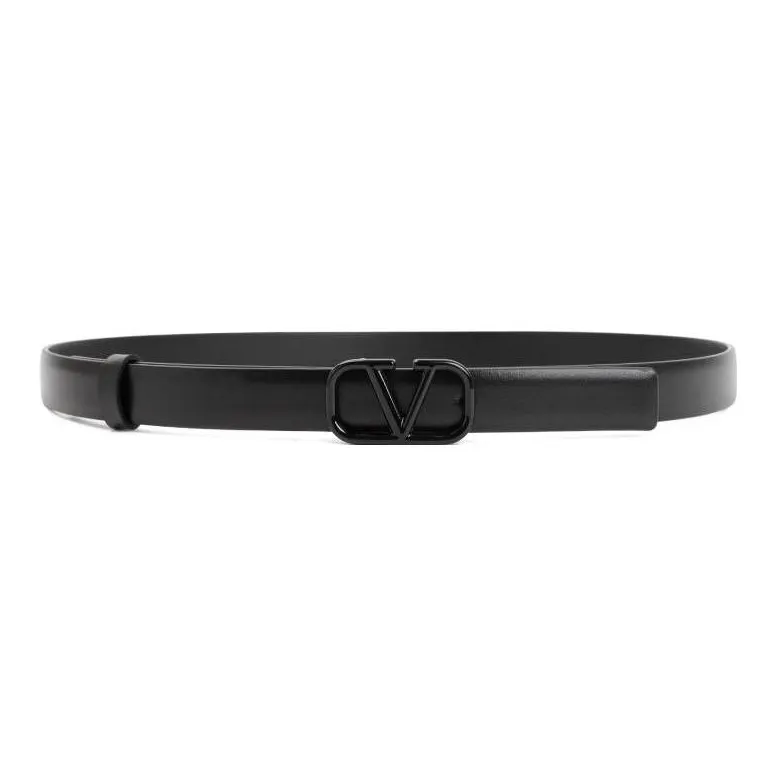 Valentino Classic Logo Letter Emblem Smooth Buckle Calfskin Leather Belts Women's Black Width: 2CM-0