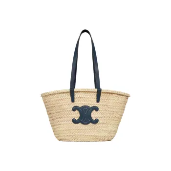CELINE Triomphe Palm Leaf Cow Leather Patchwork Trim Basket Bag One Shoulder Handbag Medium Size Women's Marine Blue